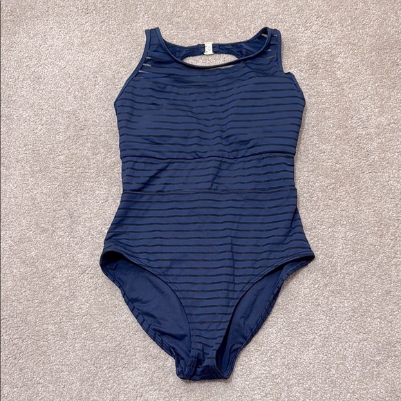 JETS by Jessika Allen High Neck Parallels Overlay Blue One Piece Swimsuit 10 - Picture 2 of 9